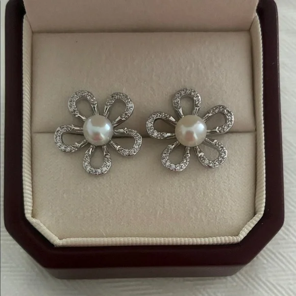 Silver Flower Pearl Earrings | Sterling Silver Posts | Holiday Gift for Her - Picture 1 of 7